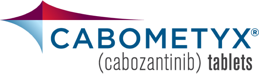 intersecting blue & burgundy triangles with logo type for CABOMETYX (cabozantinib) tablets)